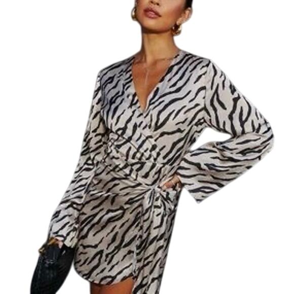VICI Zebra Print Satin Mini Dress Faux Wrap Tie Front Long Bell Sleeve Medium - Picture 1 of 13